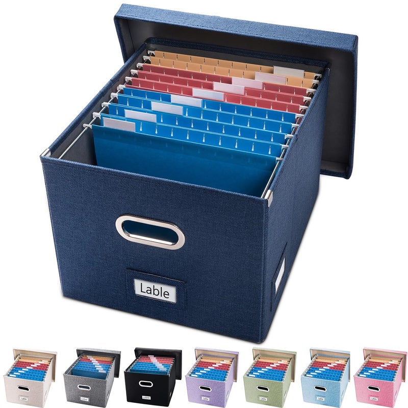 PRANDOM File Organizer Box - Set of 1 Collapsible Decorative Linen Filing Storage Hanging File Folders with Lids Office Cabinet Letter/Legal Size Navy Blue (17x14x11.2 inch) - Image 1